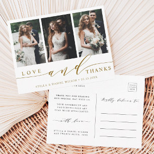 Modern Love and Thanks 3 Photo Wedding Thank You Postcard