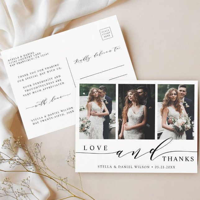 Modern Love and Thanks 3 Photo Wedding Thank You Postcard (Front & Back)
