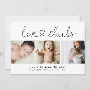 Modern Love and thanks heart Script 3 Baby photos Thank You Card