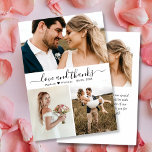 Modern Love and Thanks Script Collage Wedding  Thank You Card<br><div class="desc">Modern, Elegant, Hand Written "Love and Thanks" Script Photo Collage Wedding Thank You Card. Stylish card template featuring three (3) photo on the front and one (1) photo on the back. Featuring a "Love and Thanks" text in a swirly hand lettering calligraphy or typography script swash tail font in black...</div>
