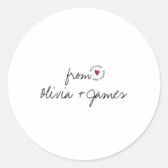 Modern Love and Thanks Simple Script Heart Wedding Classic Round Sticker (Front)