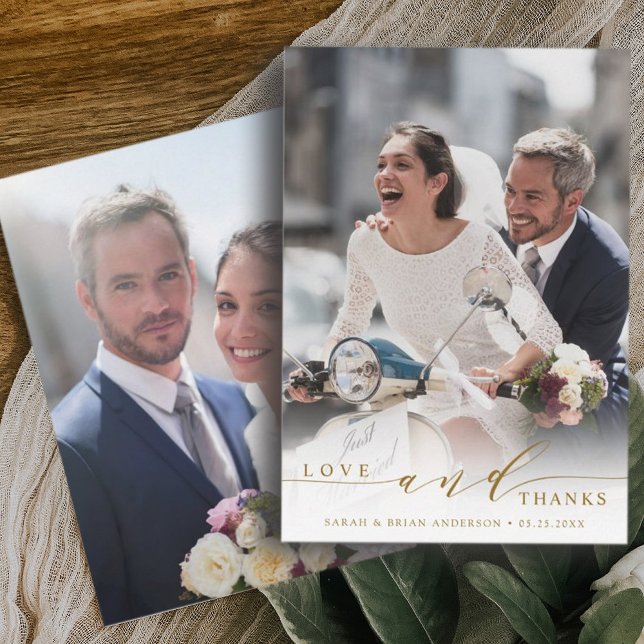 Modern Love and Thanks Wedding Photo Gold Thank You Card (Front & Back)