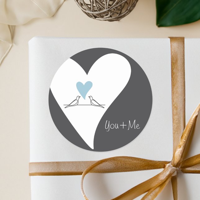 Modern Love Birds Light Blue Heart Wedding Favour Classic Round Sticker (Creator Uploaded)