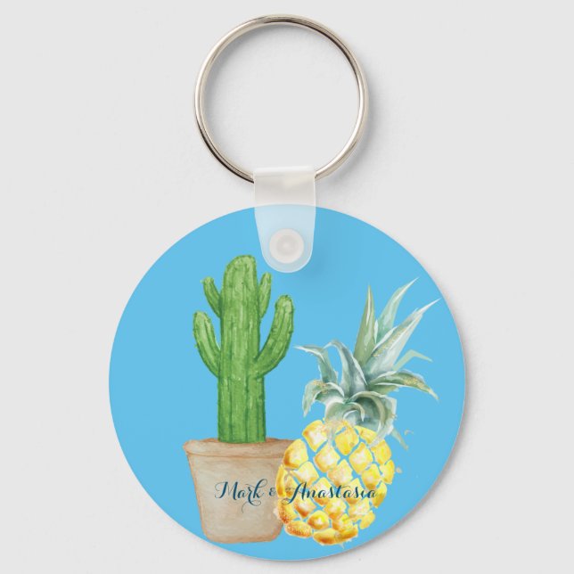 Modern Love Blue Pineapple and Cactus Key Ring (Front)