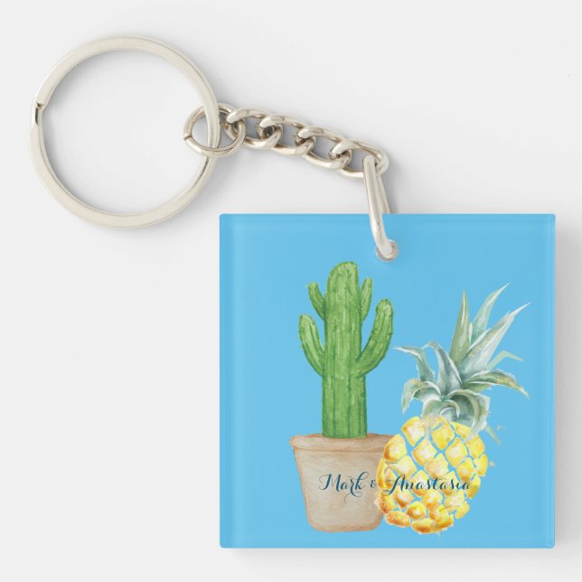 Modern Love Blue Pineapple and Cactus Key Ring (Front)