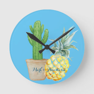 Modern Love Blue Pineapple and Cactus Round Clock
