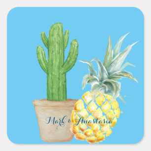 Modern Love Blue Pineapple and Cactus Square Sticker