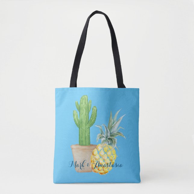 Modern Love Blue Pineapple and Cactus Tote Bag (Front)