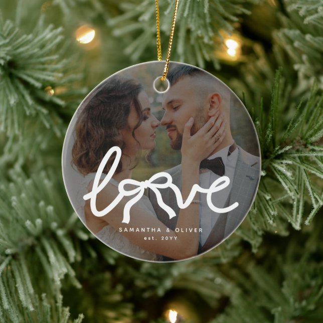 Modern Love Bow Custom Couples Wedding Photo Ceramic Tree Decoration (Tree)