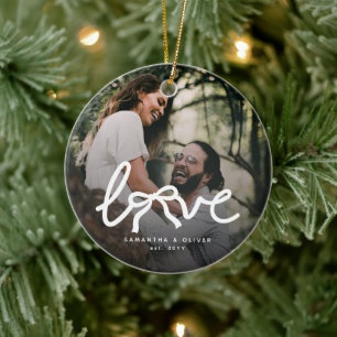 Modern Love Bow Typography Couple Custom Photo Ceramic Tree Decoration