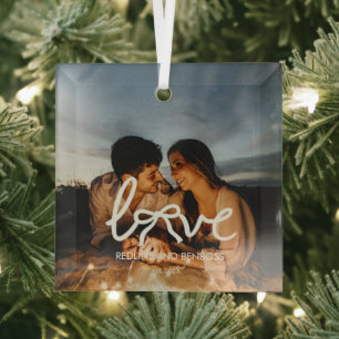 Modern Love Bow Typography Couple Custom Photo Glass Tree Decoration