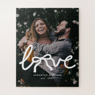 Modern Love Bow Typography Couple Custom Photo Jigsaw Puzzle