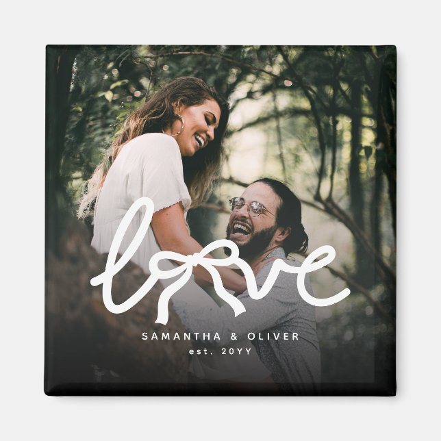 Modern Love Bow Typography Couple Custom Photo Magnet (Front)