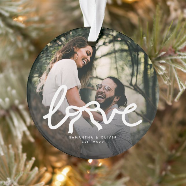 Modern Love Bow Typography Couple Custom Photo Ornament (Tree)