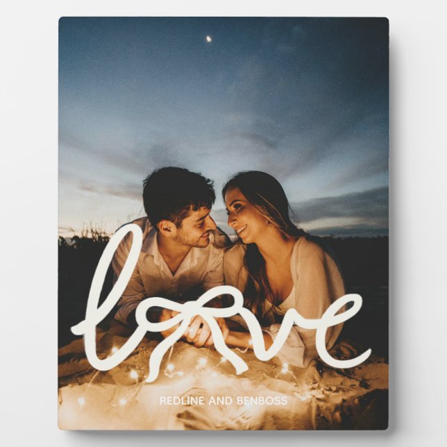 Modern Love Bow Typography Couple Custom Photo Pla Plaque (Front)