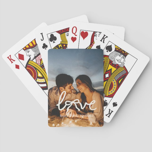 Modern Love Bow Typography Couple Custom Photo Playing Cards (Back)