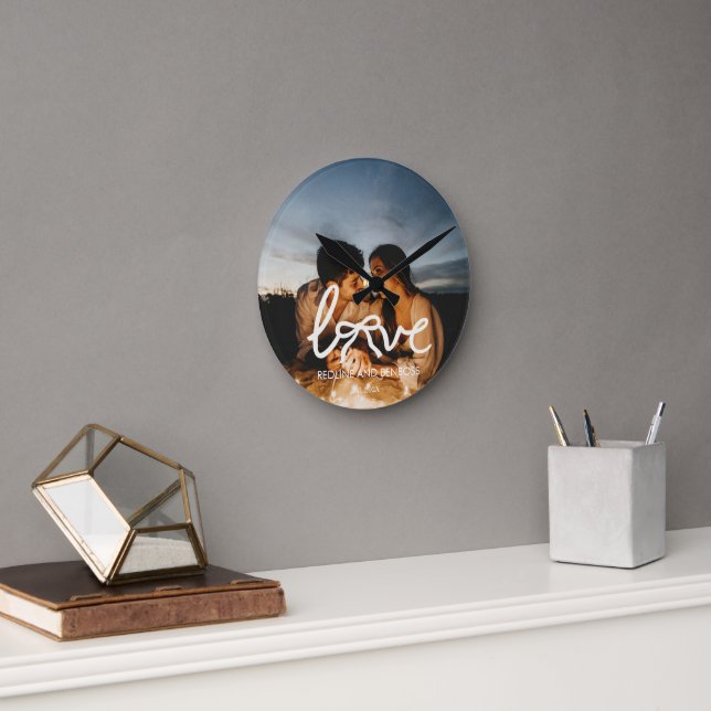 Modern Love Bow Typography Couple Custom Photo  Round Clock (Office)