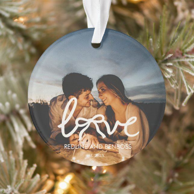 Modern Love Bow Typography Couple Custom Photo Wat Ornament (Tree)