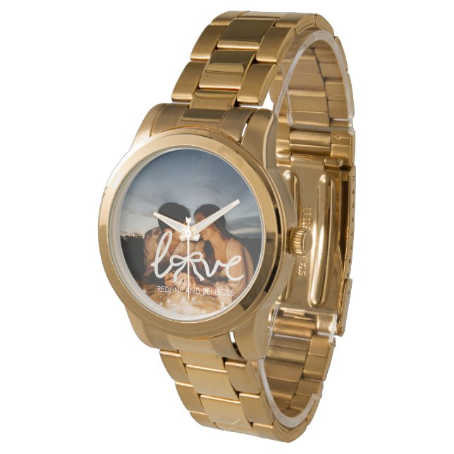 Modern Love Bow Typography Couple Custom Photo Wat Watch (Angled)
