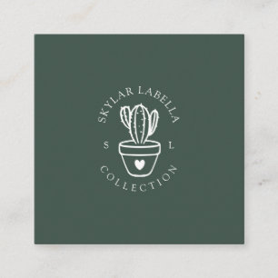 Modern Love Cactus Plant Line-Art Logo & Monogram Square Business Card