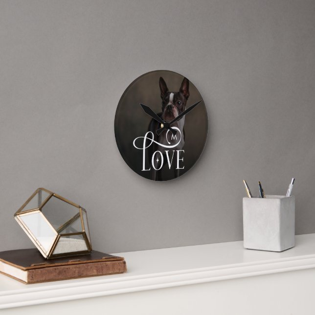 Modern Love Custom Dog Pets Photo Monogram Round Clock (Office)
