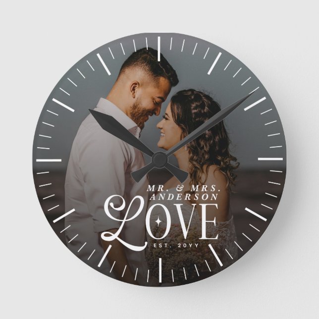 Modern Love Custom Name Year Photo Couples Wedding Round Clock (Front)