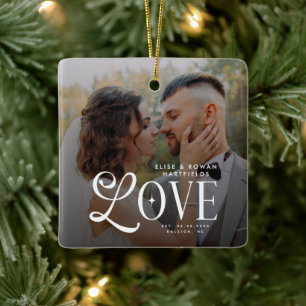 Modern Love Custom Wedding Photo Couples Monogram Ceramic Ornament