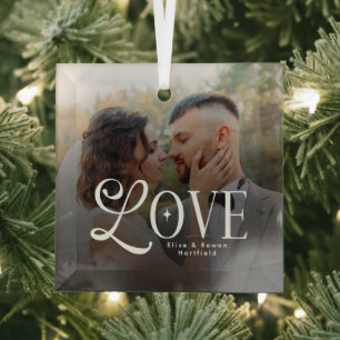 Modern Love Custom Wedding Photo Couples Monogram Glass Tree Decoration