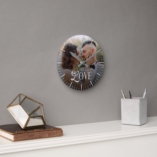Modern Love Custom Wedding Photo Couples Monogram Round Clock (Office)