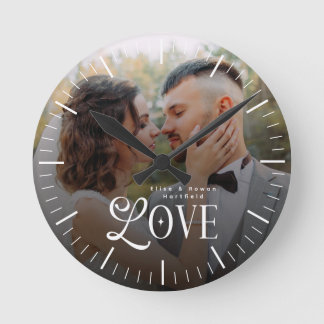 Modern Love Custom Wedding Photo Couples Monogram Round Clock
