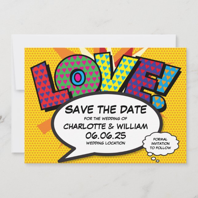 Modern Love Fun Comic Book Wedding Save The Date (Front)