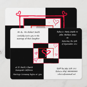 Modern love heart black white wedding invitations