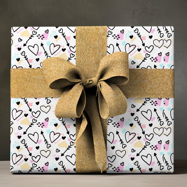 Modern Love Heart Trendy Romantic Doodle Pattern Wrapping Paper (Creator Uploaded)
