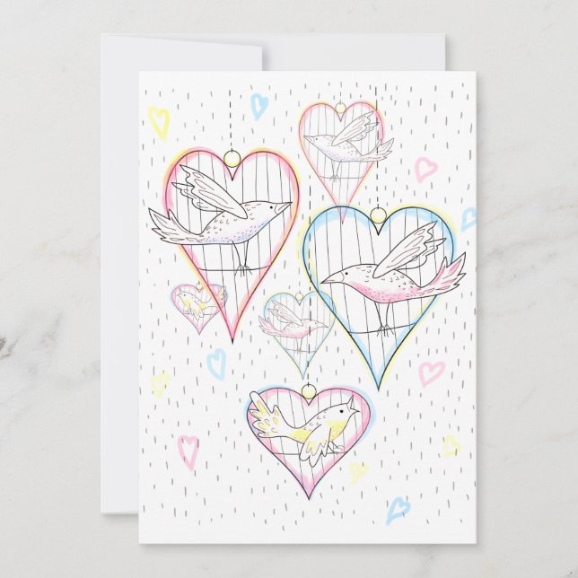 Modern Love Hearts and Birds Pattern Holiday Card (Front)