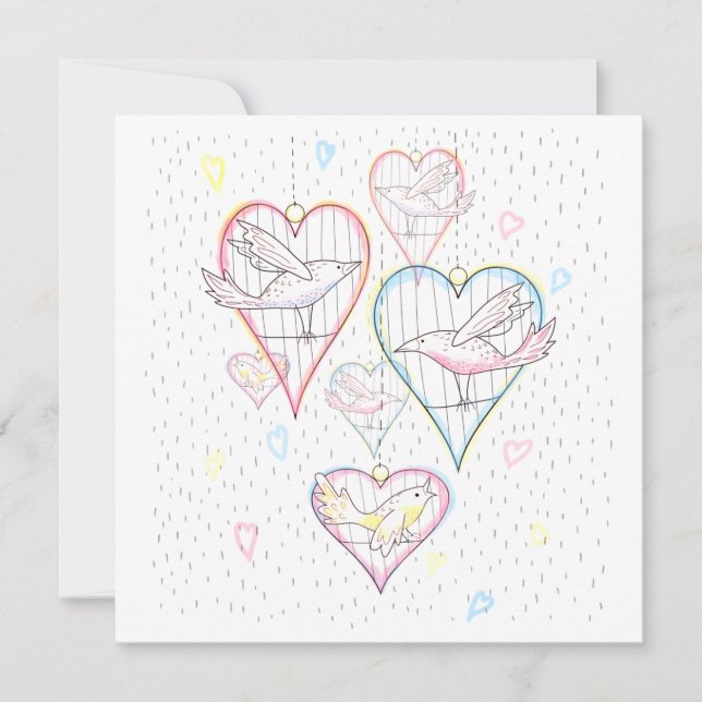 Modern Love Hearts and Birds Pattern Holiday Card (Front)