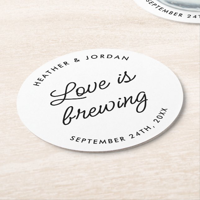 Modern Love Is Brewing Wedding Reception Round Paper Coaster (Angled)