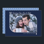 Modern Love & Light Hanukkah Wishes Photo Holiday<br><div class="desc">Theme Parties' modern Hanukkah photo card design features a light blue backdrop for your favourite holiday photo set in a modern geometric rectangle shape with two rounded corners. The reverse side is a Star of David pattern in white and navy blue. Change "Wish You Love & Light" to your favourite...</div>