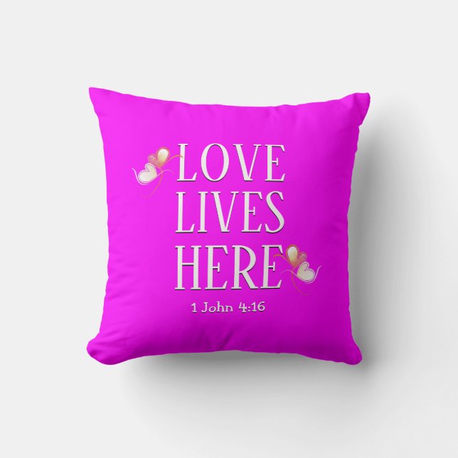 Modern LOVE LIVES HERE Customisable Text HOT PINK Cushion (Front)