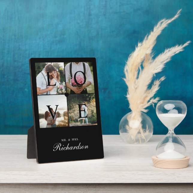Modern Love Newlyweds Wedding Photo Collage Black Plaque (Side)