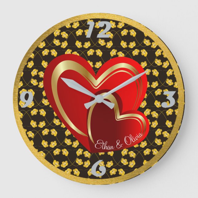 Modern Love Red Hearts Personalised Wedding Gift Large Clock (Front)