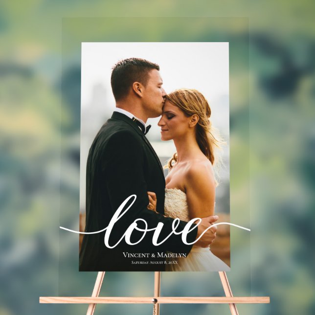Modern Love Script Custom Photo Acrylic Wedding  Sign (Neutral)