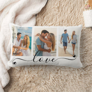 Modern LOVE Script Heart 3 Photos Custom Colours Lumbar Cushion