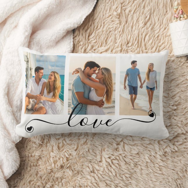 Modern LOVE Script Heart 3 Photos Custom Colours Lumbar Cushion (Blanket)