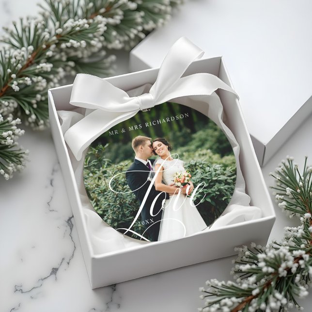 Modern Love Script Newlywed Full Photo Keepsake Ornament (Modern Love Script Newlywed Full Photo Keepsake Ornament)
