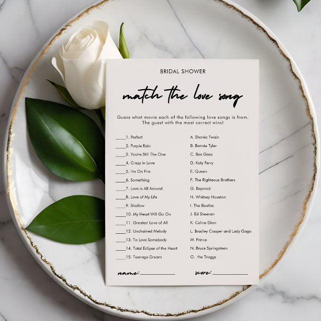 Modern Love Song Match Bridal Shower Game Card (Creator Uploaded)