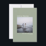 Modern Love & Thanks Sage Green Photo Card<br><div class="desc">Modern design with a square photo on a dusty blue background. Caption reads "love and thanks" with names and date below.</div>