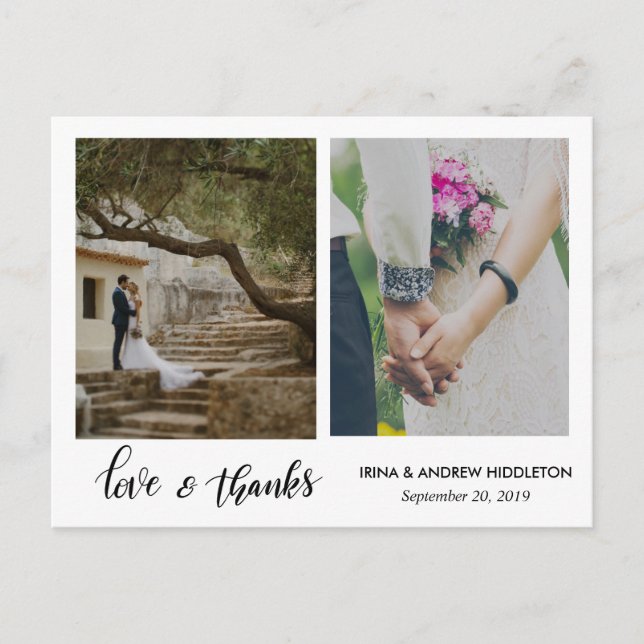Modern Love & Thanks Script Two Wedding Photos Postcard (Front)