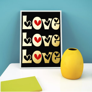 Modern LOVE typography with red hearts black gold Foil Prints