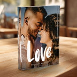 Modern Love Wedding Simple Calligraphy Family  Photo Block<br><div class="desc">Sweet and simple keepsake for any couple or newlyweds,  showcasing your favourite wedding or engagement photo with modern script calligraphy reading LOVE over your custom names and dark gradient to make the typography stand out.</div>