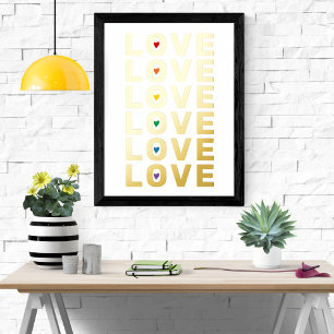 Modern "LOVE" word, hearts in rainbowcolors gold Foil Prints